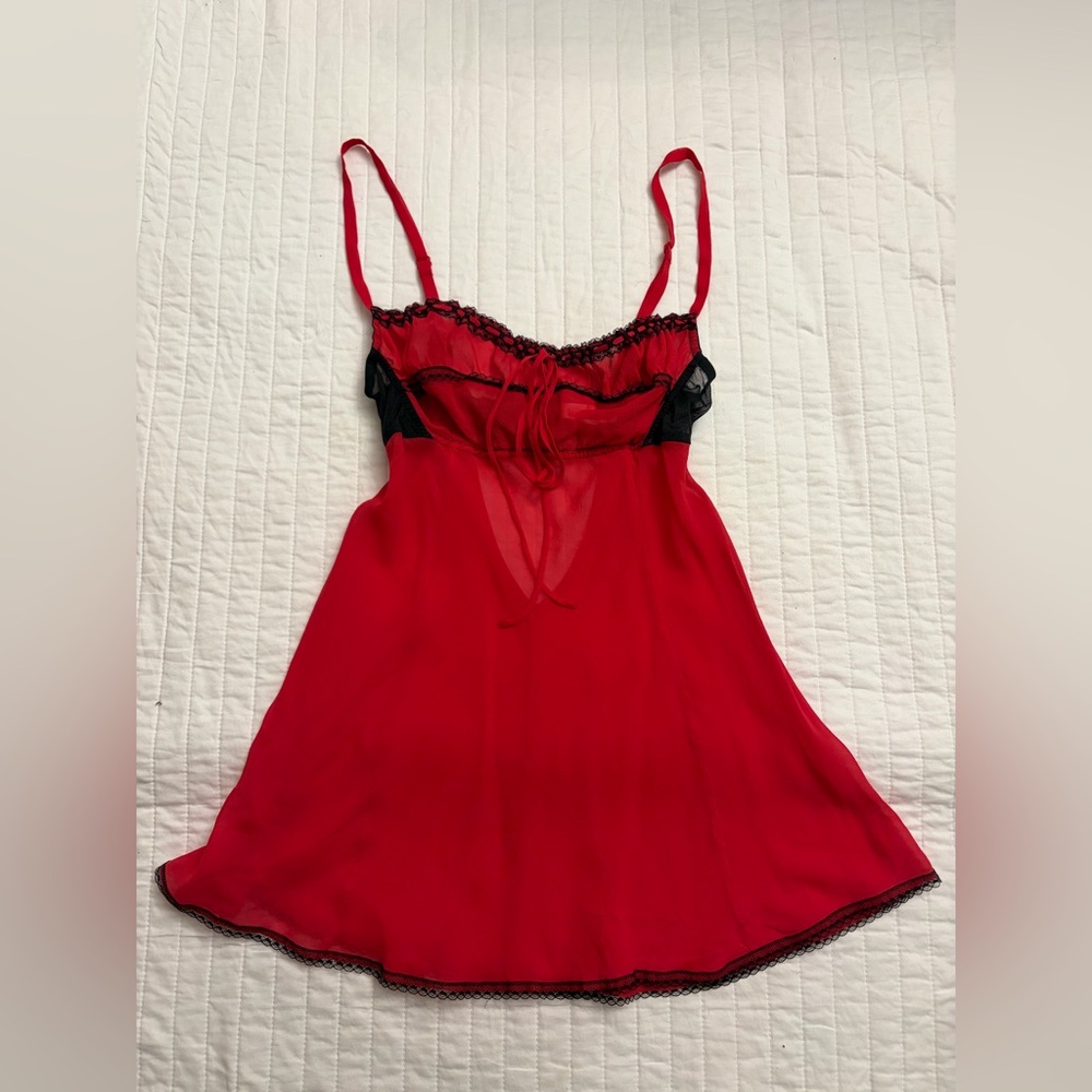 Victoria's Secret Red and Black 100% Silk Lace Chemise